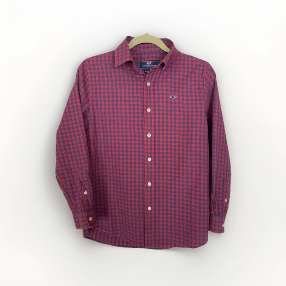 Vineyard Vines Men’s Red & Navy Gingham Button-Down Long Sleeve Shirt | Medium